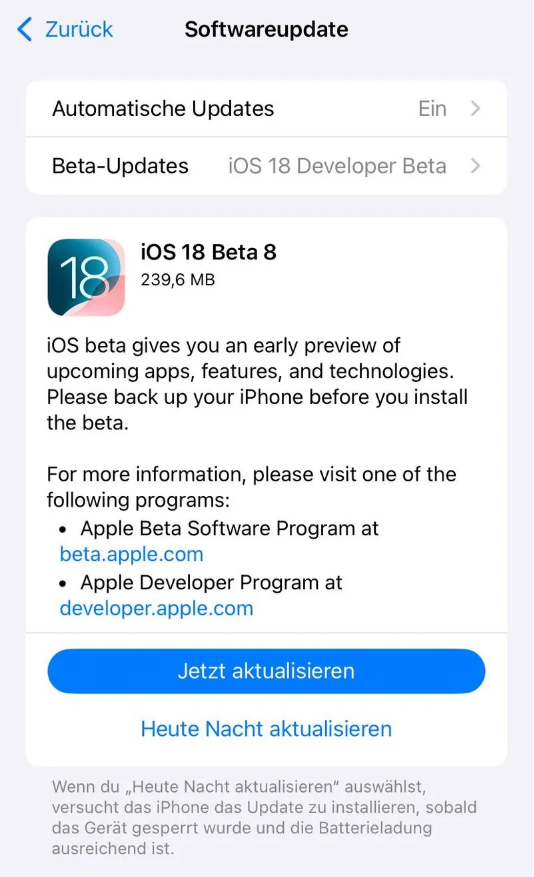 民众镇苹果手机维修分享苹果 iOS / iPadOS 18 开发者预览版 Beta 8 发布 